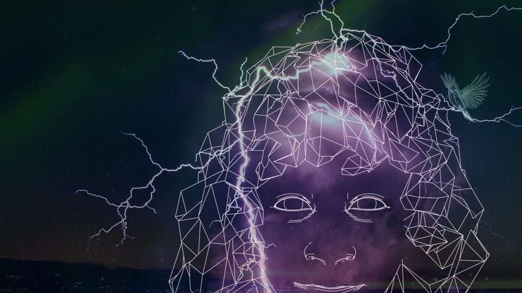 Wireframe head with lightning behind it